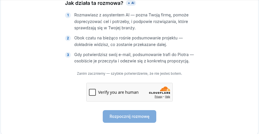 Strona wyceny na piotrgorczyca.com — trzy kroki rozmowy z asystentem AI przed jej rozpoczęciem
